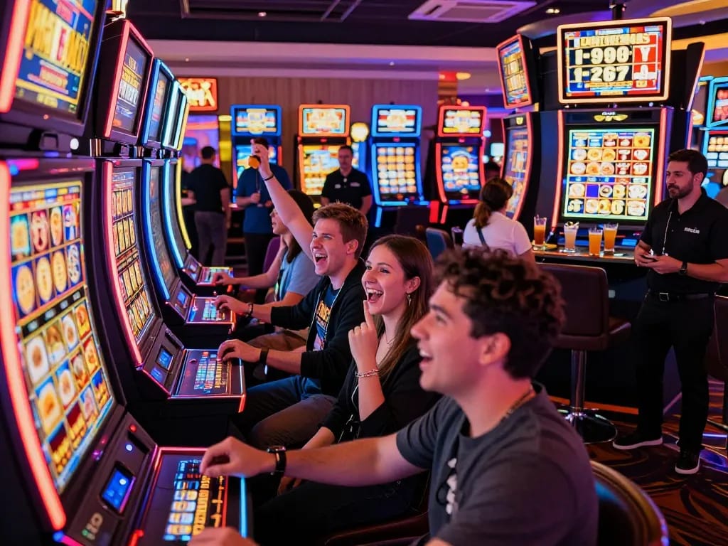 Excited players celebrating a jackpot win at a link slot machine in a vibrant casino atmosphere.