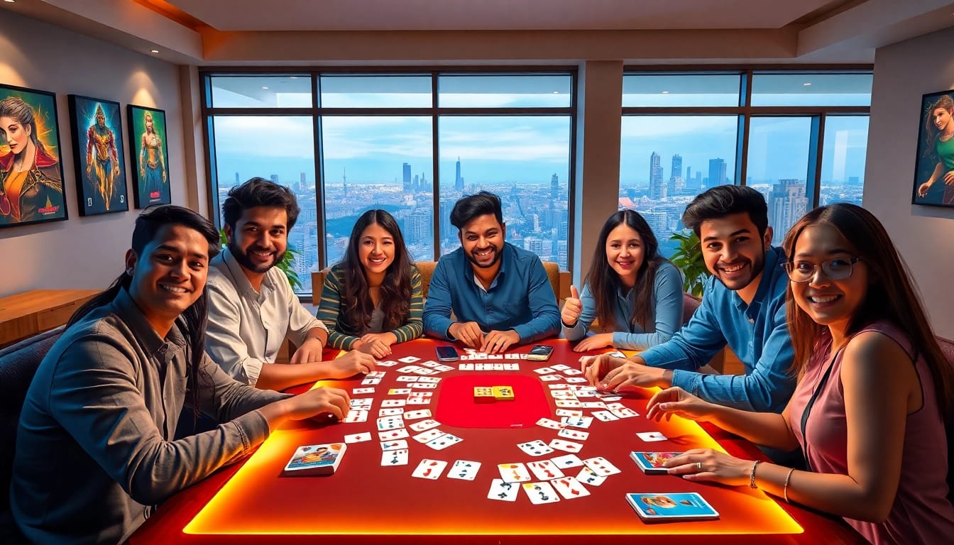 Excited friends playing Rummy 91 in a cozy modern living room.