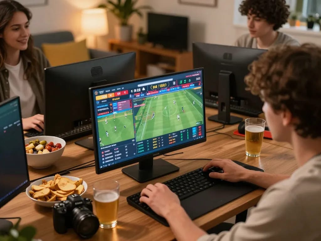 Engaging moment with m115 sports betting on multiple screens, showcasing real-time matches