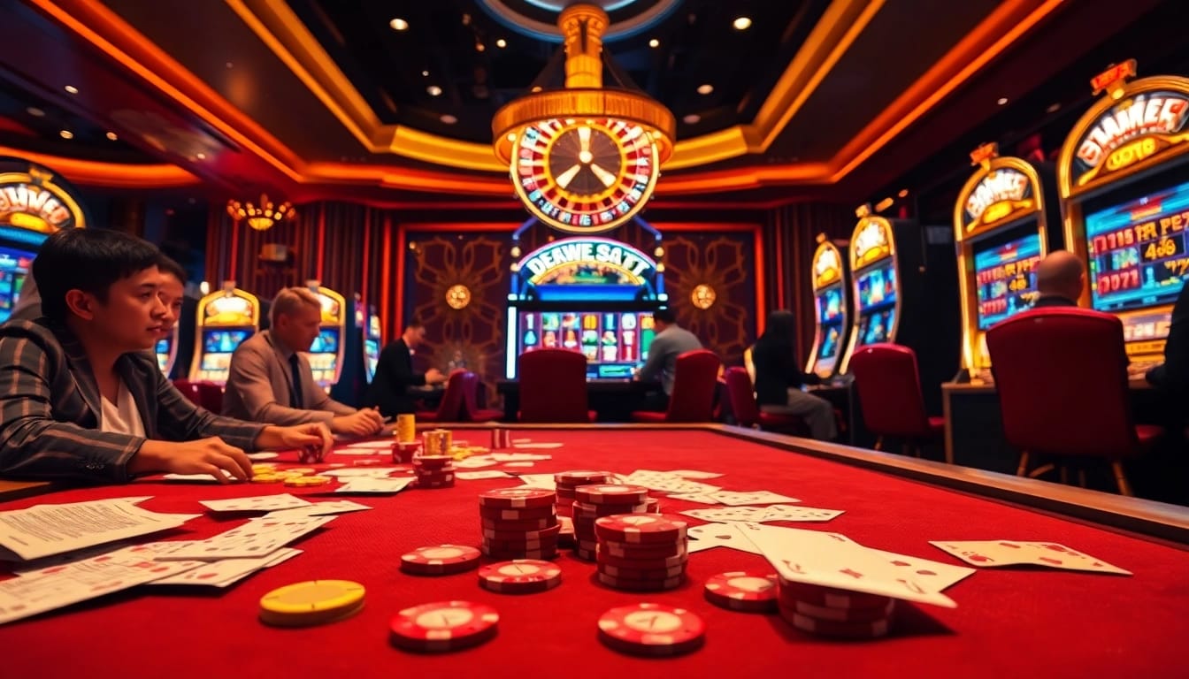 Dewaslot players enjoying a thrilling high-stakes slot game in a glamorous casino setting.