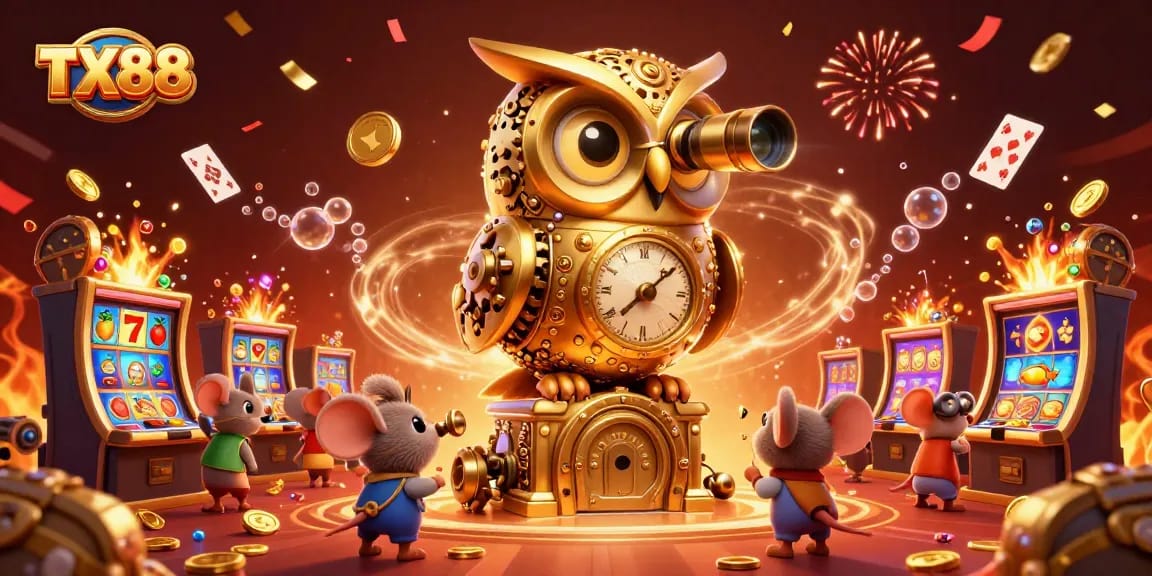 Engage with TX88 casino thrills featuring dynamic cartoon characters amidst vibrant slot machines.