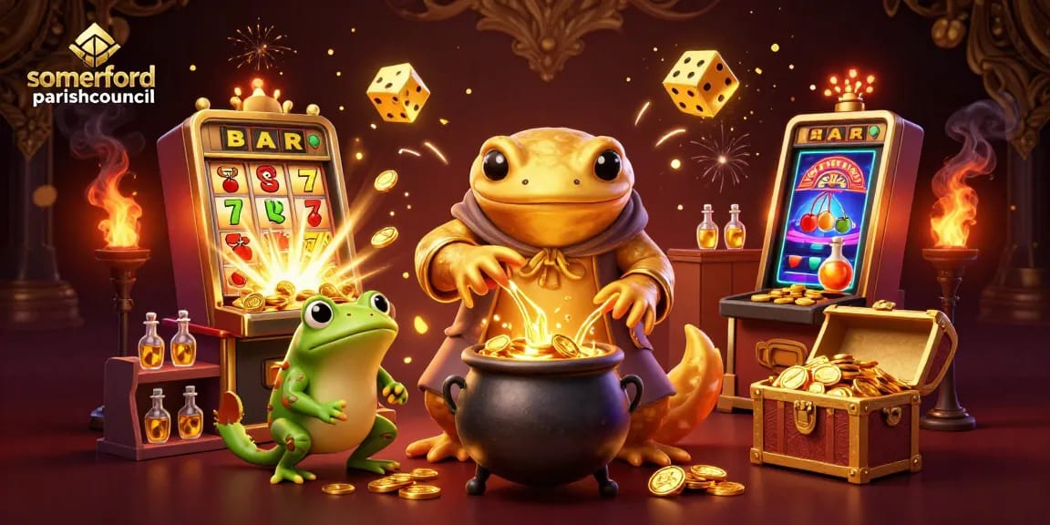 Engage at somerfordparishcouncil: stunning 3D illustration of casino alchemy with golden elixirs and slot jackpots.