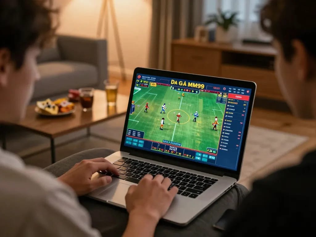 Engaging in Đá Gà MM99 online betting while watching a live match on a laptop in a cozy home setting.
