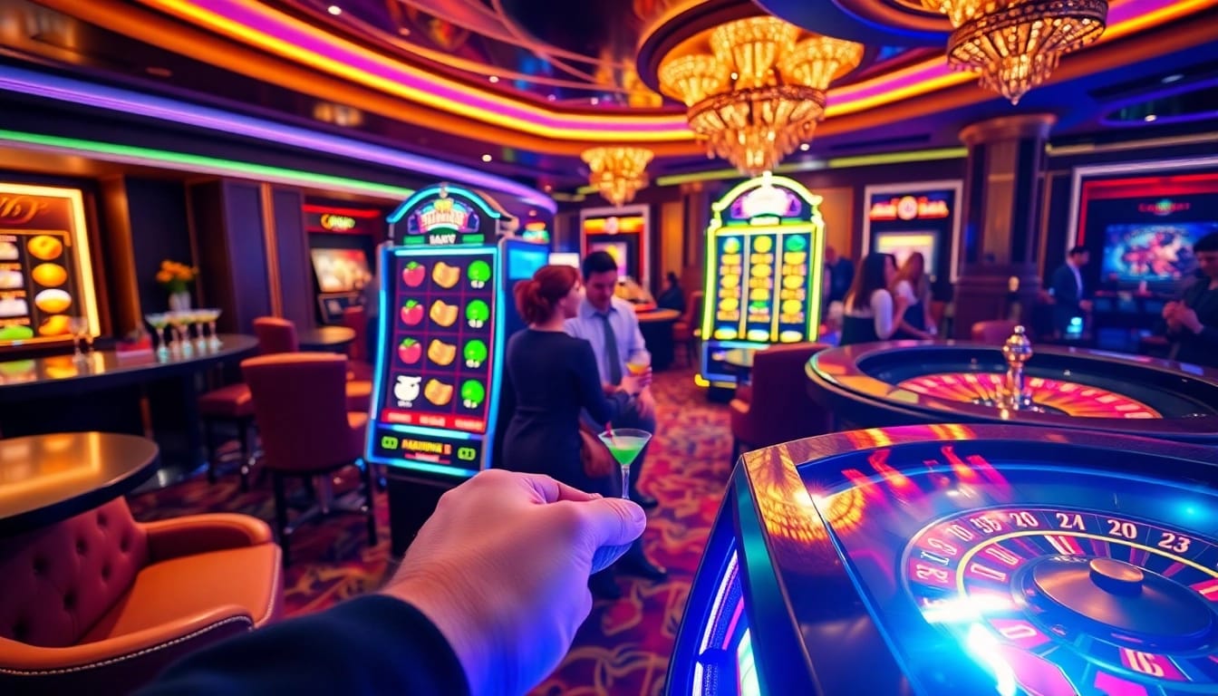 Engaged players enjoying the excitement of an idn slot machine in a vibrant casino.
