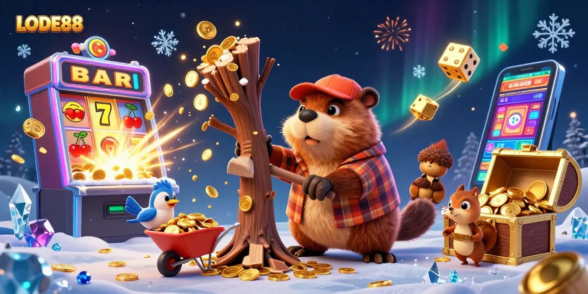 Join the excitement at LODE88 with a lively casino scene featuring animated characters and golden opportunities.