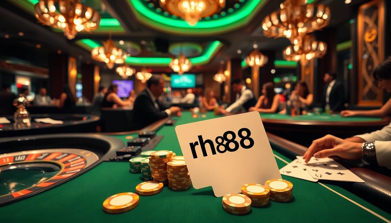 Experience a thrilling casino atmosphere with nh88 betting slips on vibrant poker tables filled with excited players.