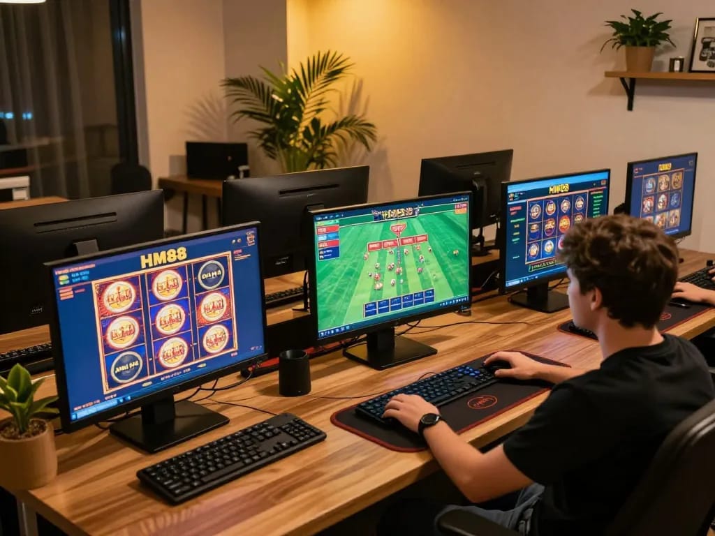 Engaging online gaming experience with HM88 showing slots and sports betting.