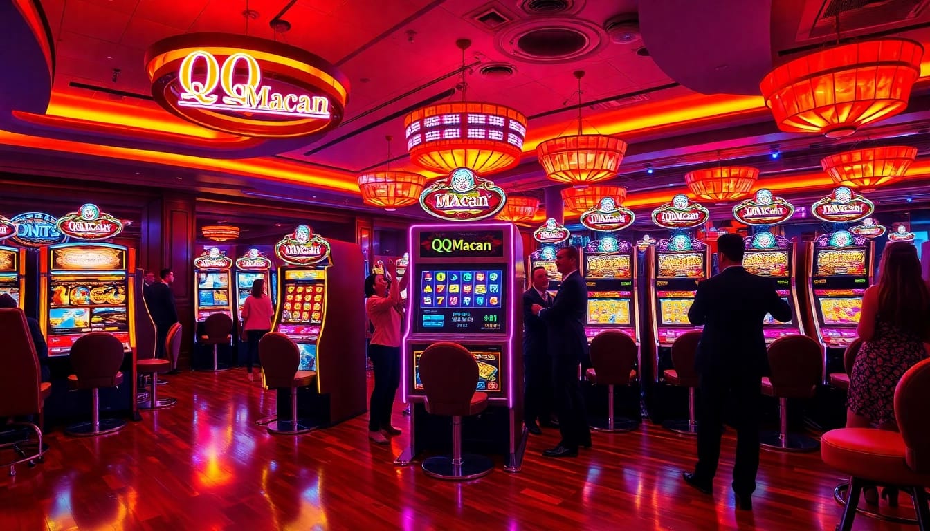 Exciting players enjoying wins on the luxurious QQMacan slot machines in a vibrant casino.