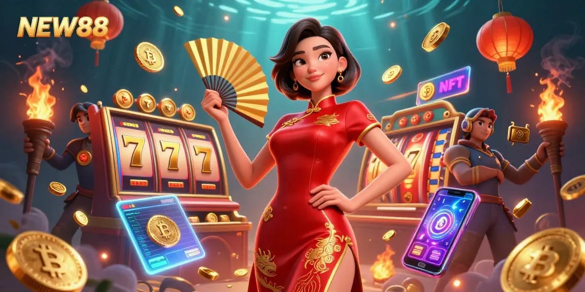 Engage in thrilling slot gaming with NEW88's vibrant scene showcasing dynamic 3D elements.