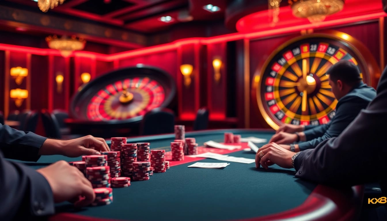 High-stakes poker action featuring bet KX8 with colorful chips and a roulette wheel backdrop.