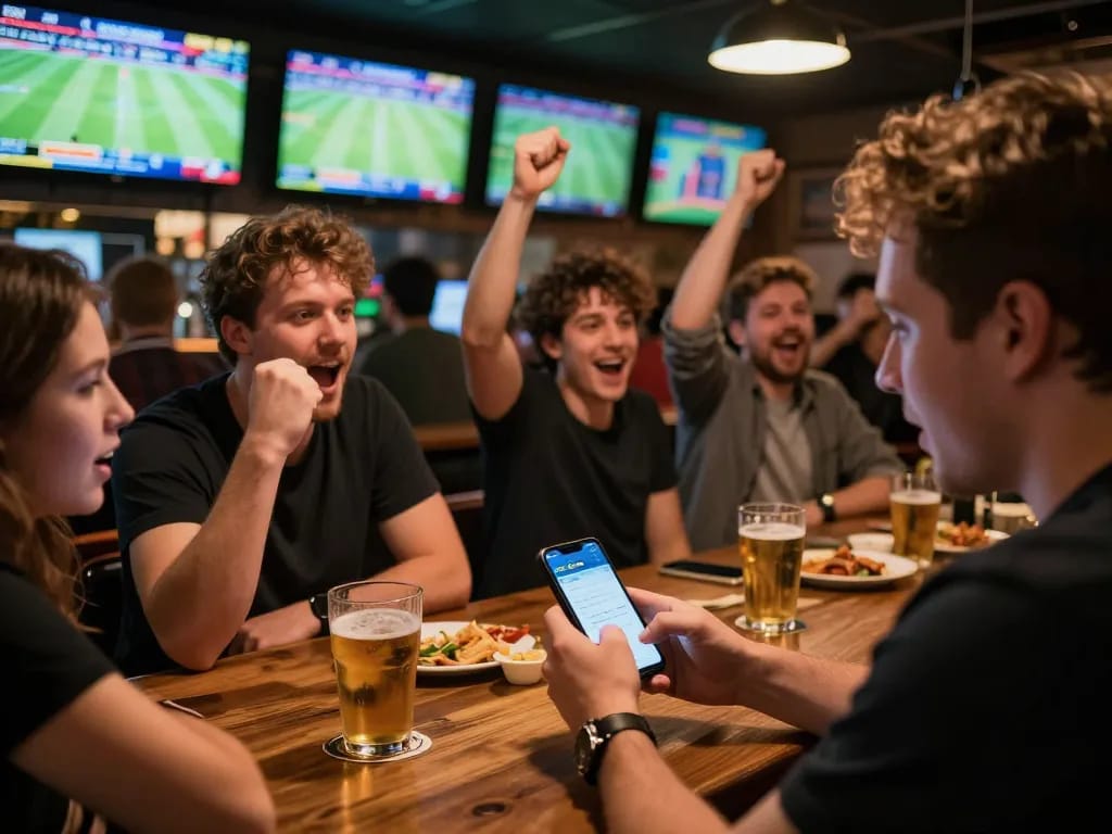 22bet sports betting app in action during an exciting sports event at a lively bar