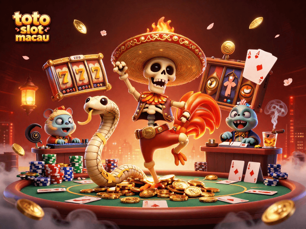 Experience thrilling wins with toto slot macau as a skeleton mariachi dances surrounded by colorful casino elements.