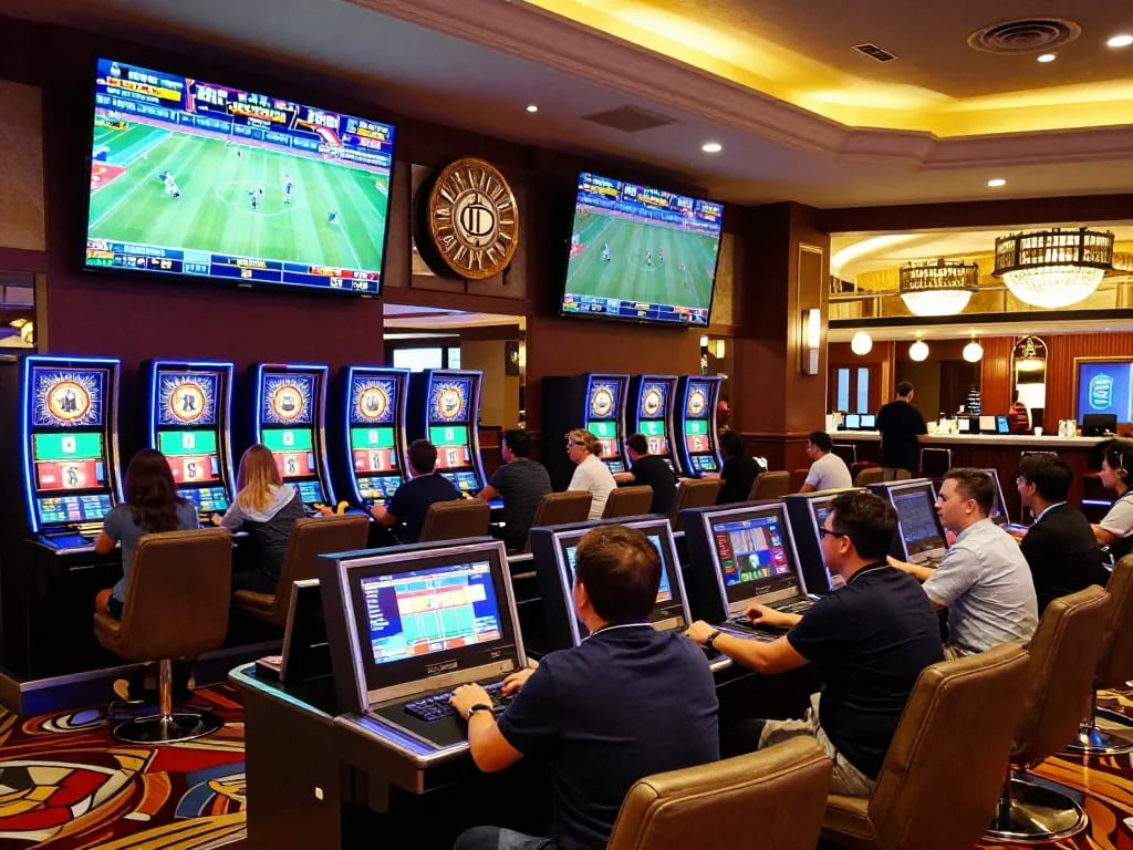 Spectators analyzing soi kèo while engaging in sports betting activity in a vibrant casino.