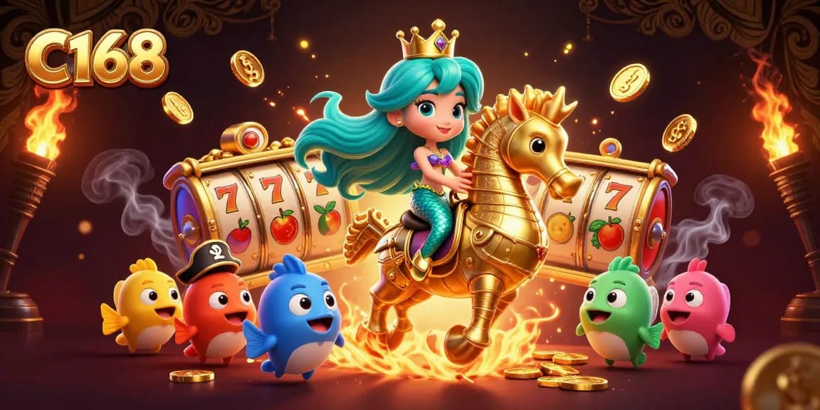 C168 offers vibrant slot gaming with a 3D mermaid princess and golden seahorse amidst colorful casino elements.