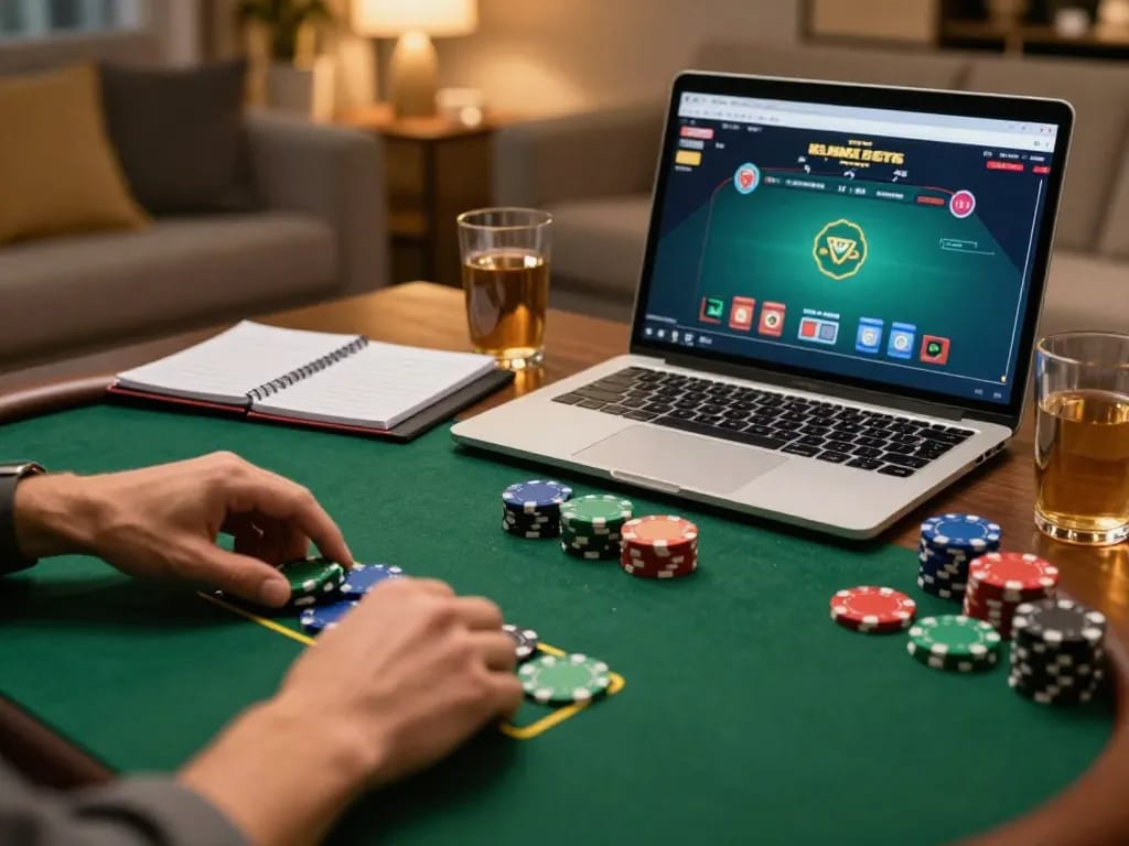 W69 online poker gameplay showing player placing bets and colorful chips in a cozy setting