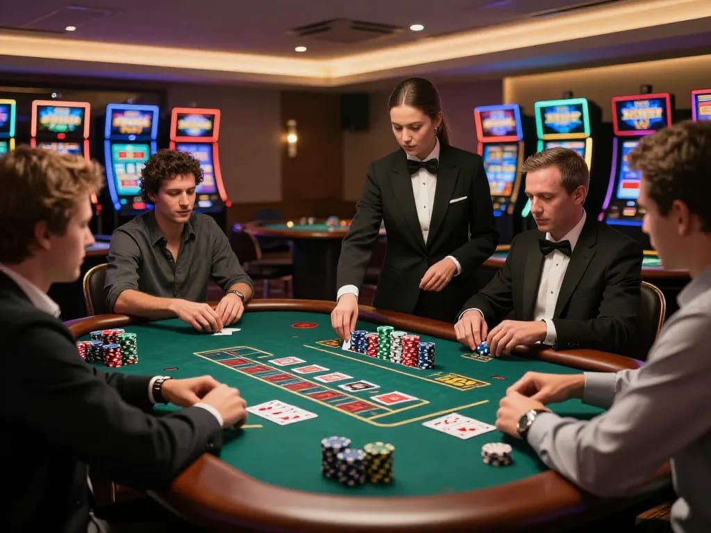 Players strategizing at a 9bet blackjack table in a luxurious casino.