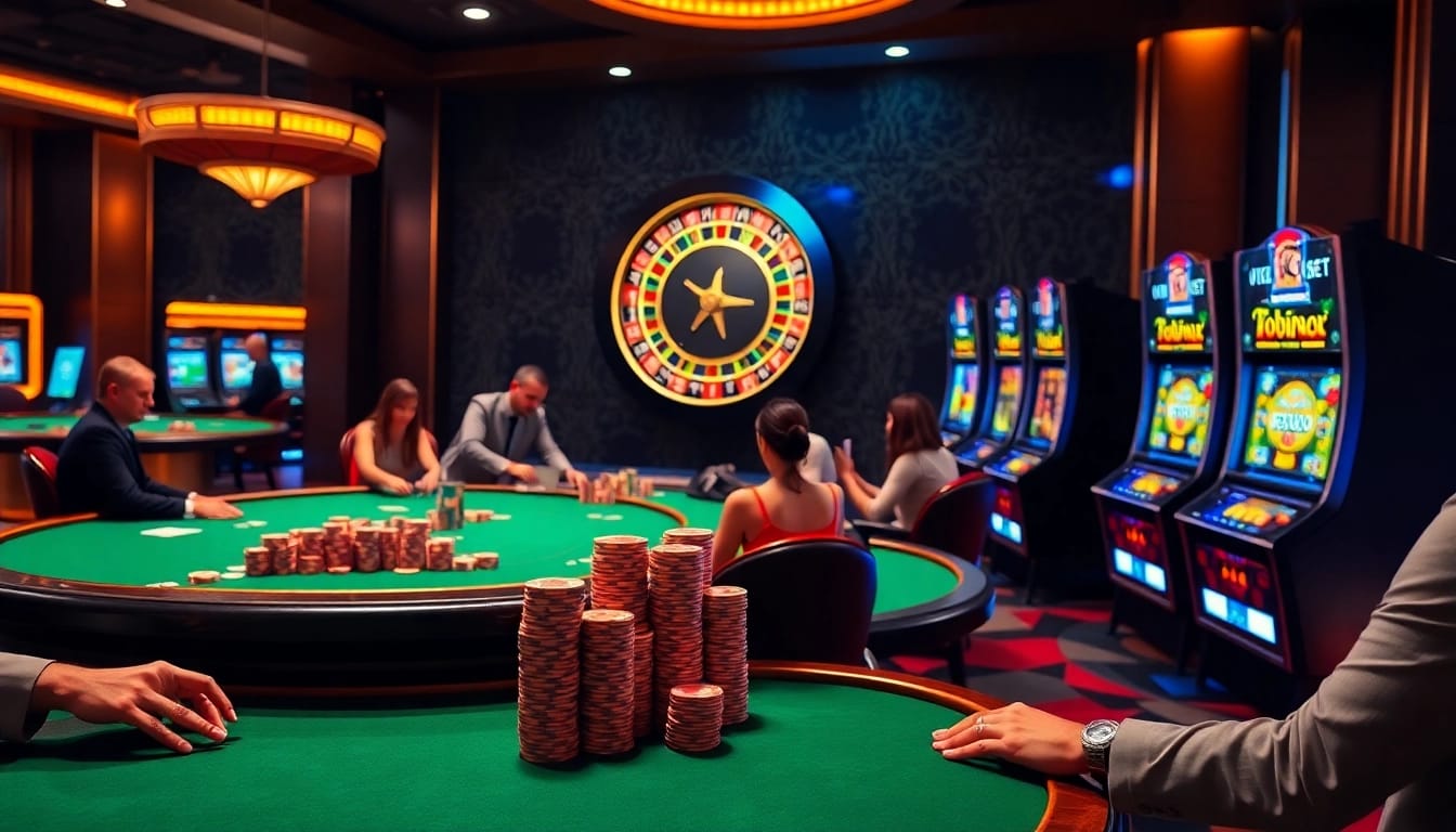 Players enjoying a thrilling game at BK8's luxurious online casino, featuring vibrant slot machines and tables.