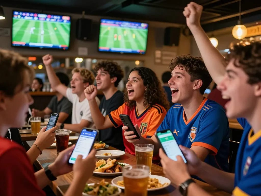Experience thrilling kèo bóng đá trực tuyến in a bustling sports bar atmosphere with fans cheering for live matches.