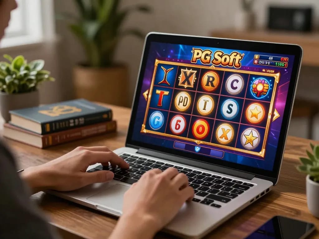 Permainan yang menarik pada Demo Slot PG Soft Mirip Asli, grafik yang cerah ditampilkan di layar laptop.