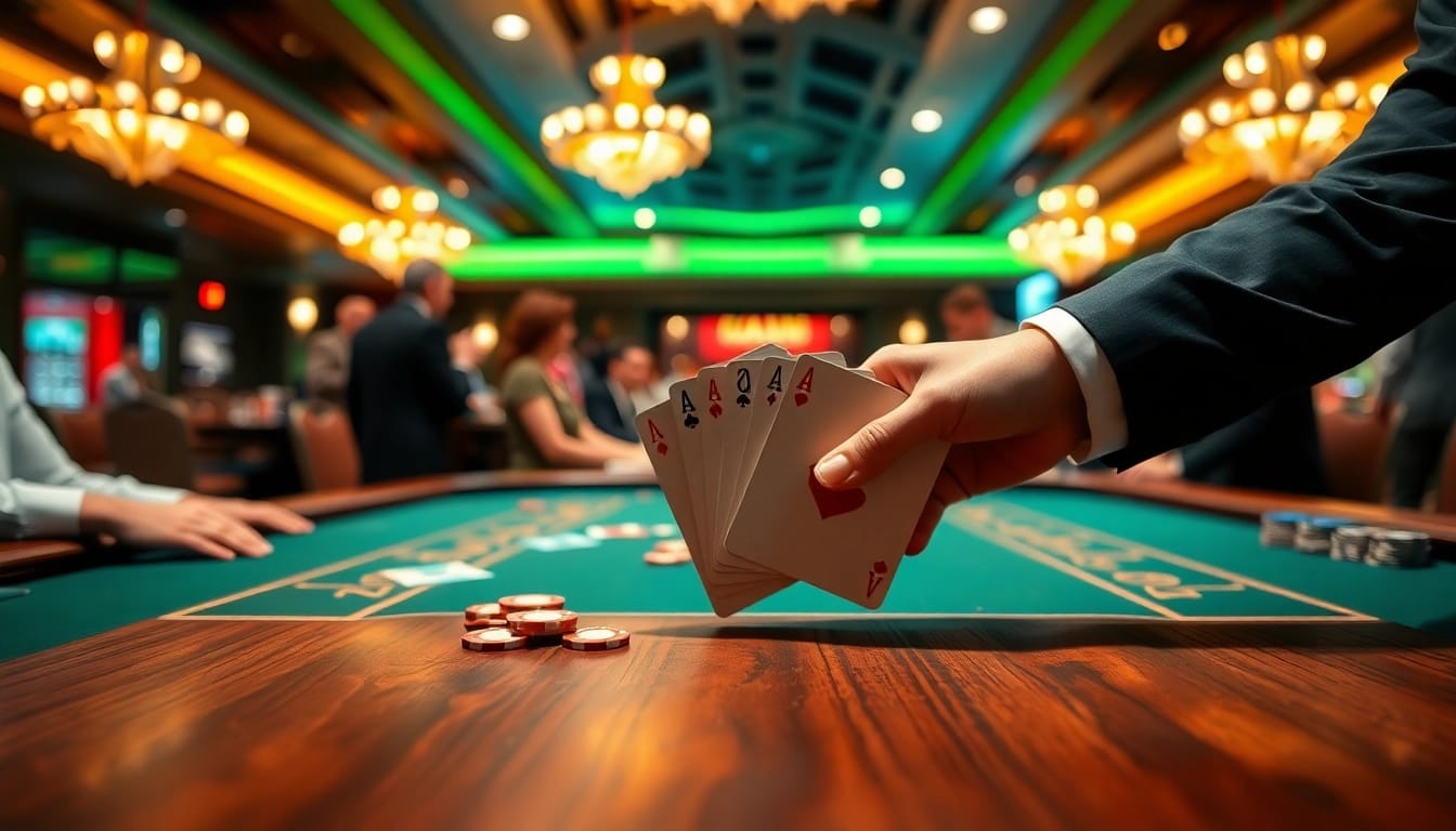 Engaging poker table scene in a vibrant casino showcasing colorful chips and elegant lighting.