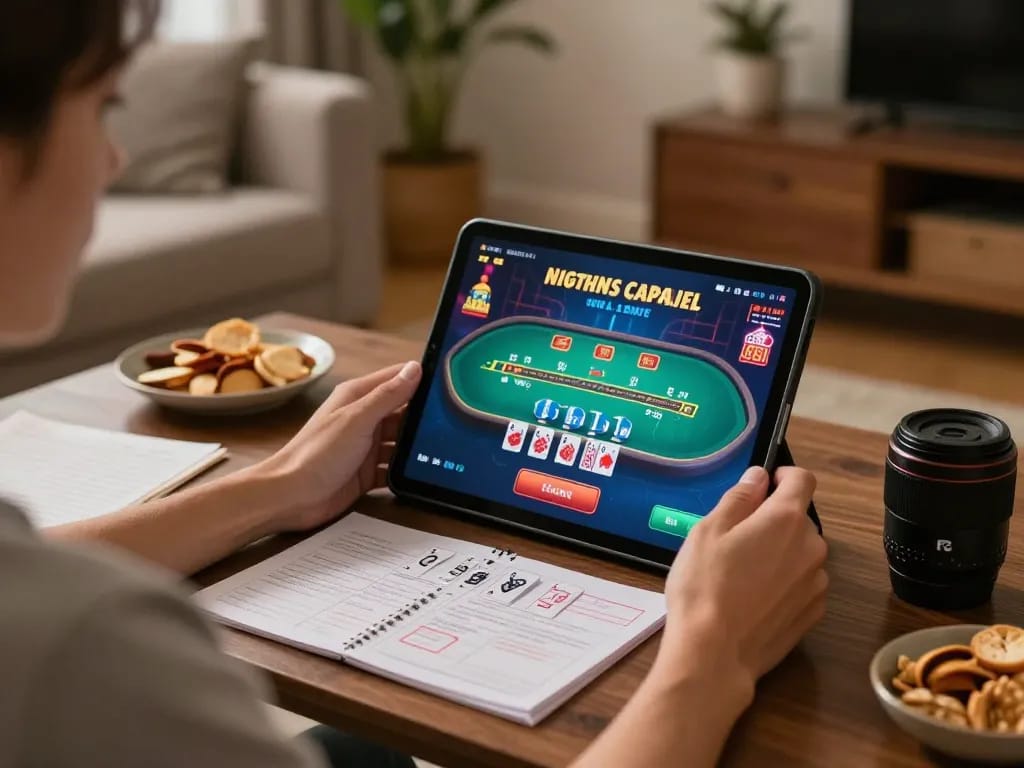 Playing blackjack on tg88 com in a cozy home environment with warm lighting and snacks.