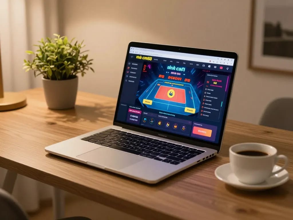 Engaging scene of online gambling with nhà cái cm88 interface displayed on a laptop, illustrating a cozy home gaming atmosphere.
