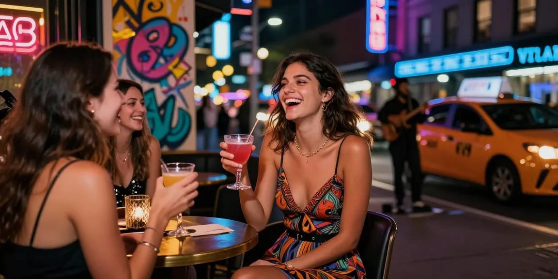 Gái gọi tận hưởng đêm sôi động tại quán bar với ánh đèn neon và tiếng nhạc.