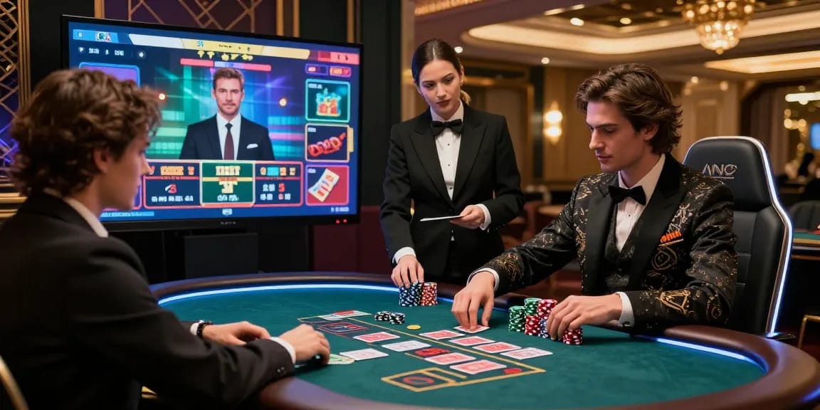 Engaging live dealer game at IWIN featuring stylish player and croupier