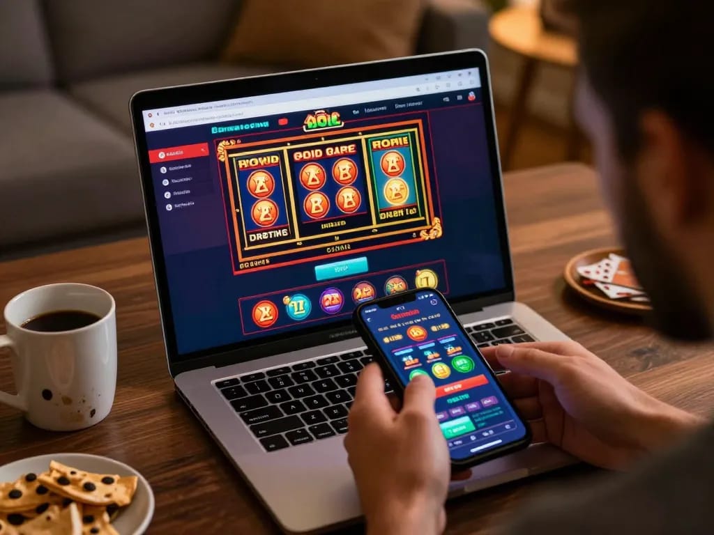 Engaging scene of online gambling at home, showcasing trang chủ nk88 interface on laptop with a smartphone for live betting.