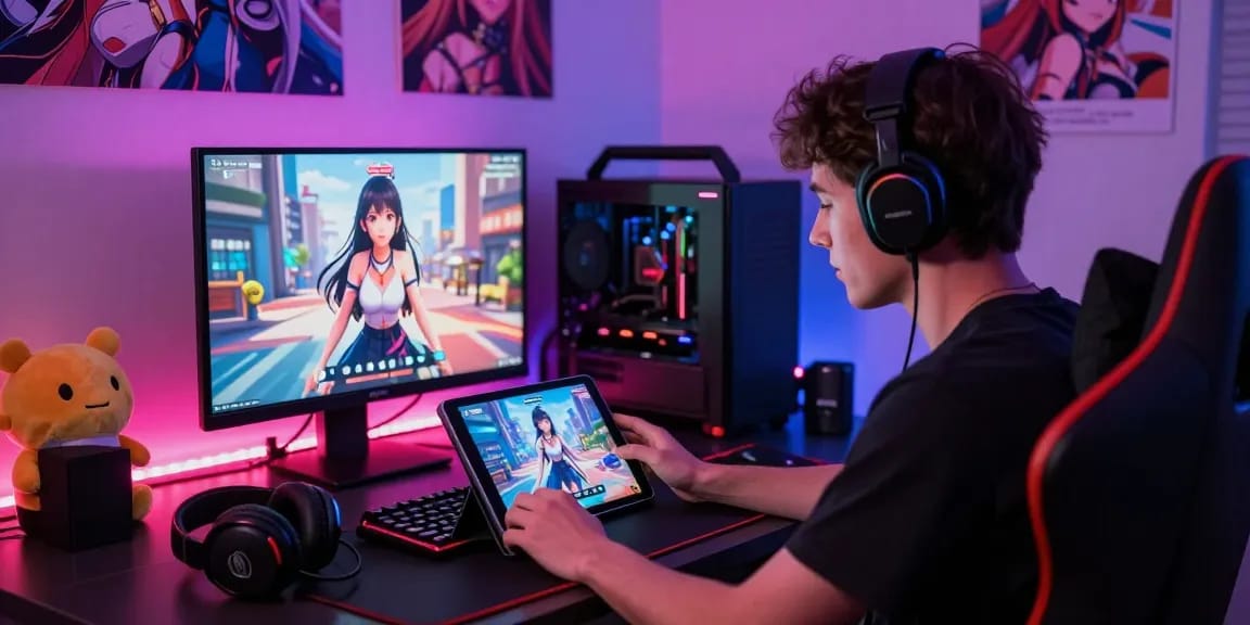 Engaging scene of a gamer playing an android hentai game on a tablet in a colorful room with LED lights.