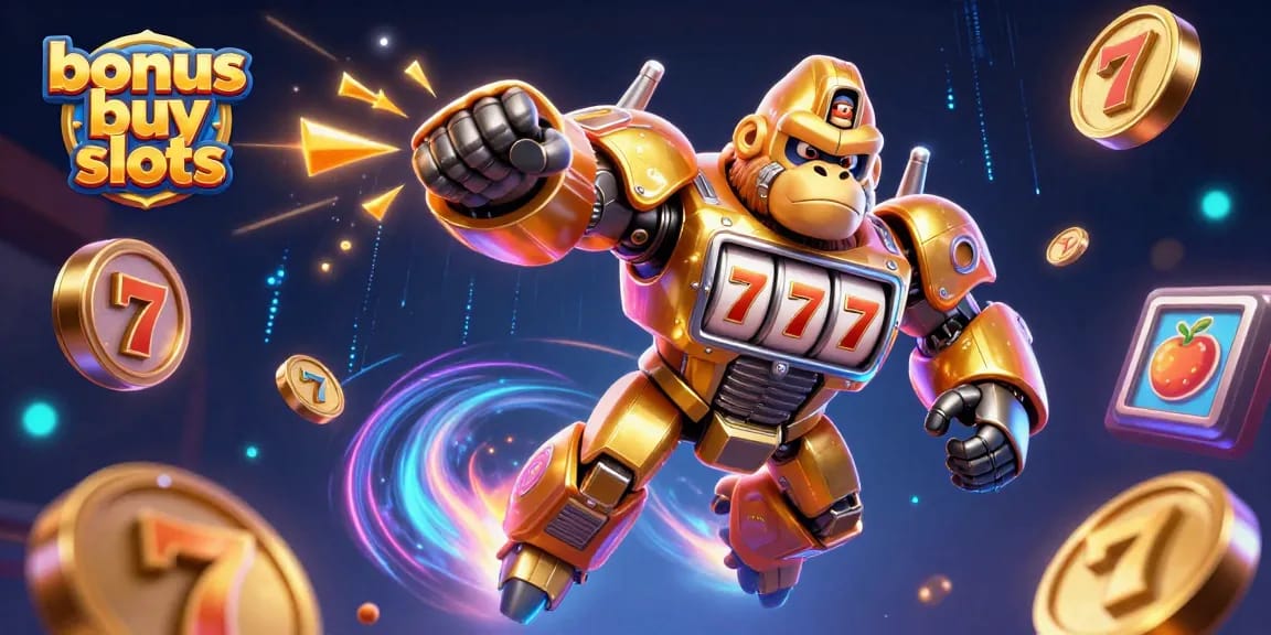 Engage with bonus buy slots featuring a dynamic golden gorilla mech and vibrant 3D slot elements.