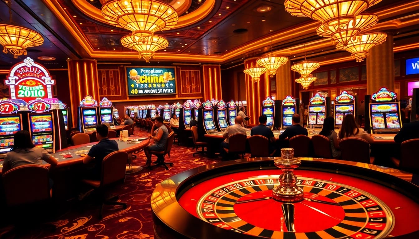 Engage in thrilling gameplay while checking pengeluaran china results at a vibrant casino scene.