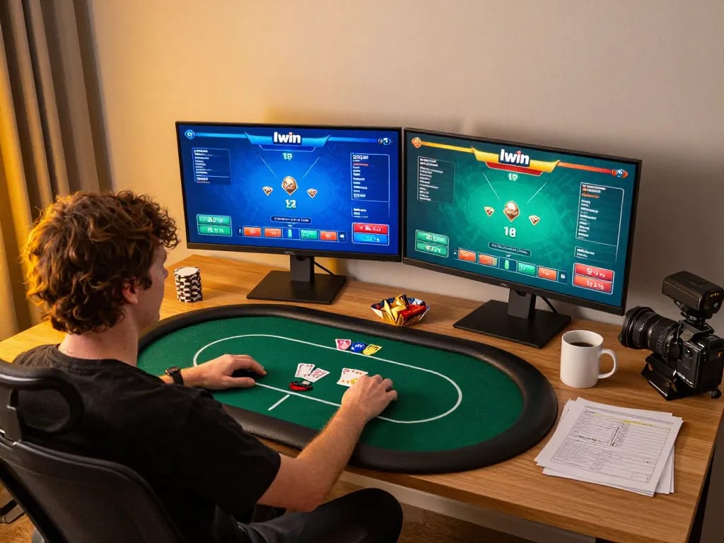 Iwin poker game displayed on dual monitors in a stylish home gaming setup, showcasing action and strategy