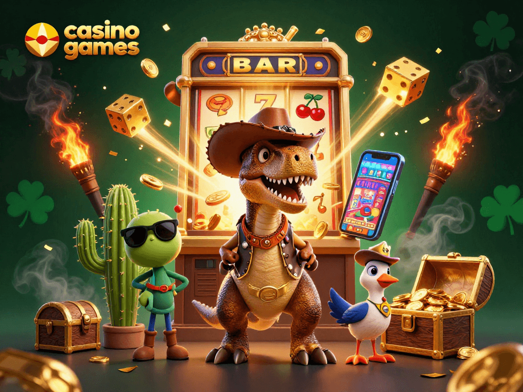 Engage in thrilling casino games with cartoon characters amidst a jackpot explosion.