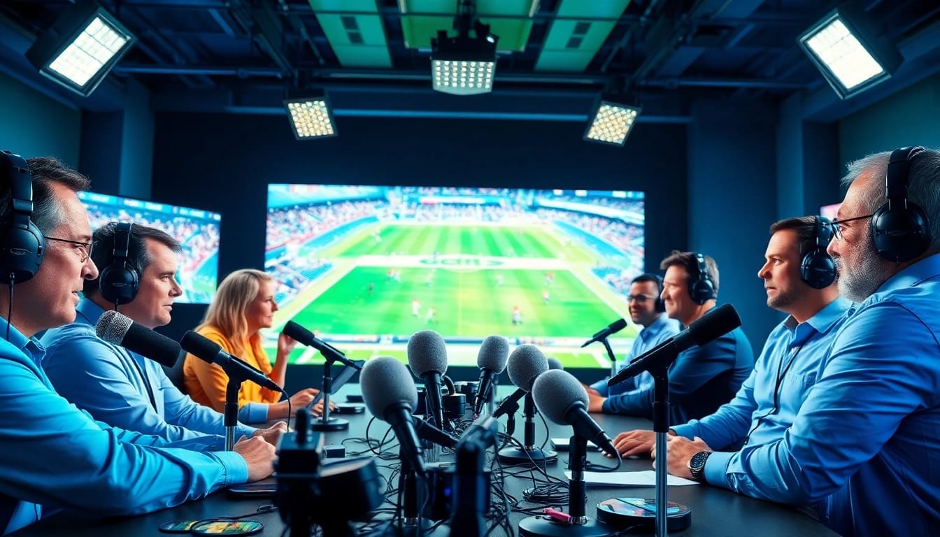Engaged commentators in sports broadcasting studio discussing live sports events.