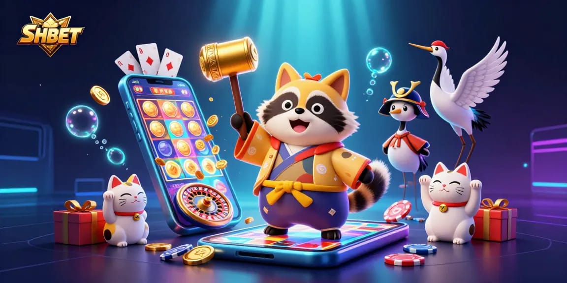 Win big with SH BET in this vibrant 3D casino scene featuring cheerful characters and exciting game elements.