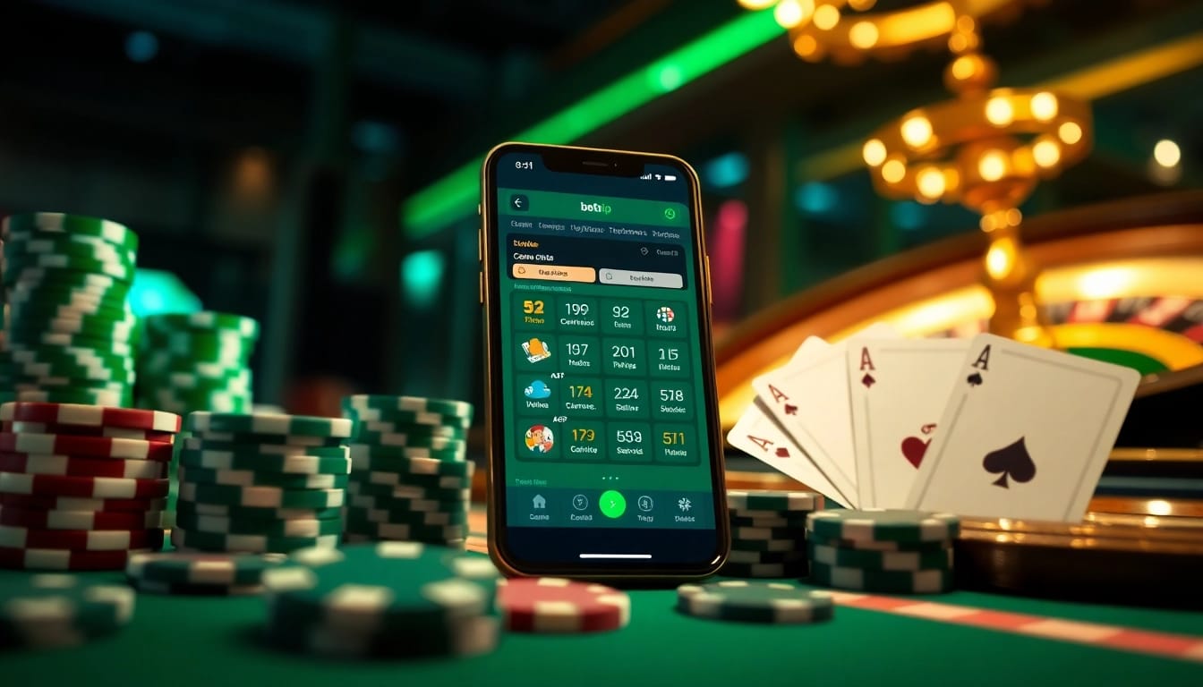 Trải nghiệm cảm giác cá cược đầy hồi hộp với ứng dụng betvip được đặt cạnh các phụ kiện sòng bạc sang trọng.