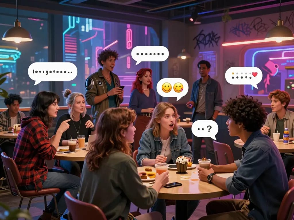 AI chat NSFW character interactions in a vibrant digital café with playful avatars engaged in animated conversations.