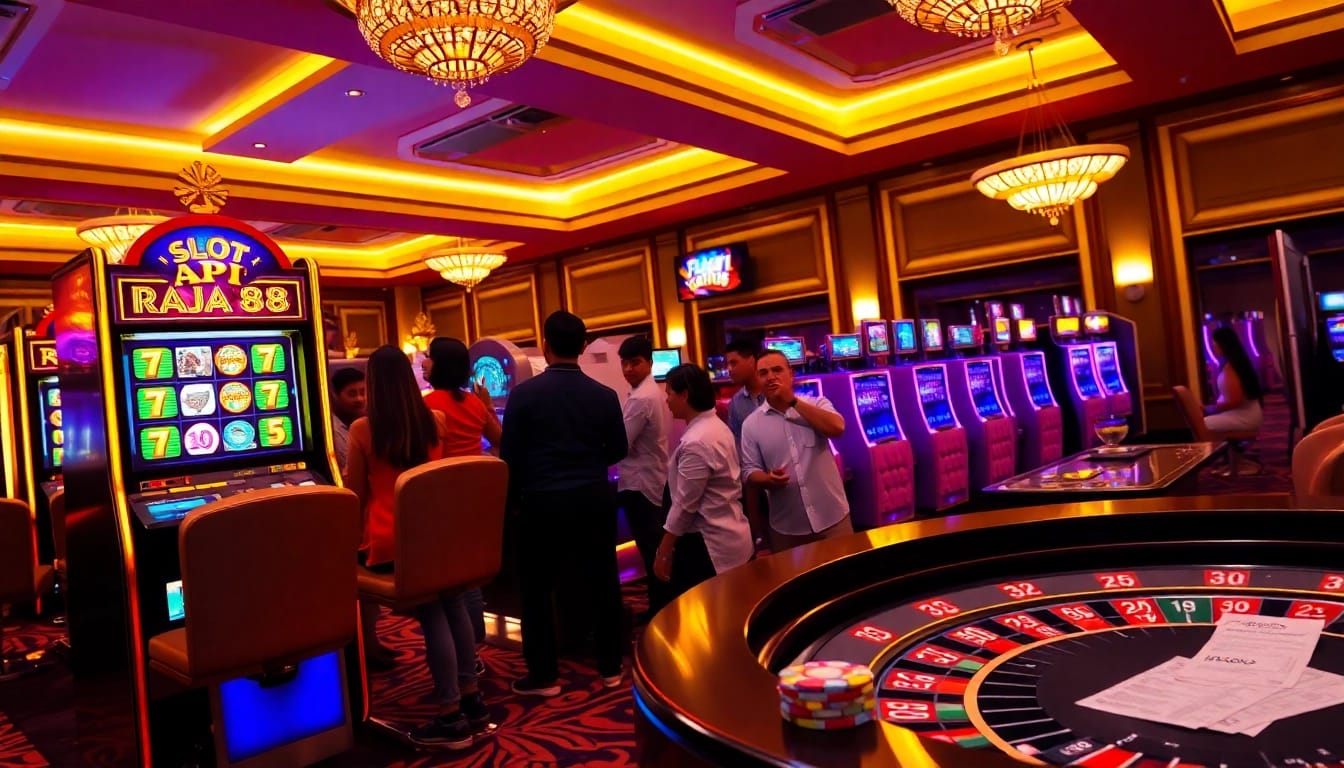 Experience the thrill of slot API Raja 88 at an elegant casino, with vibrant machines and excited players.
