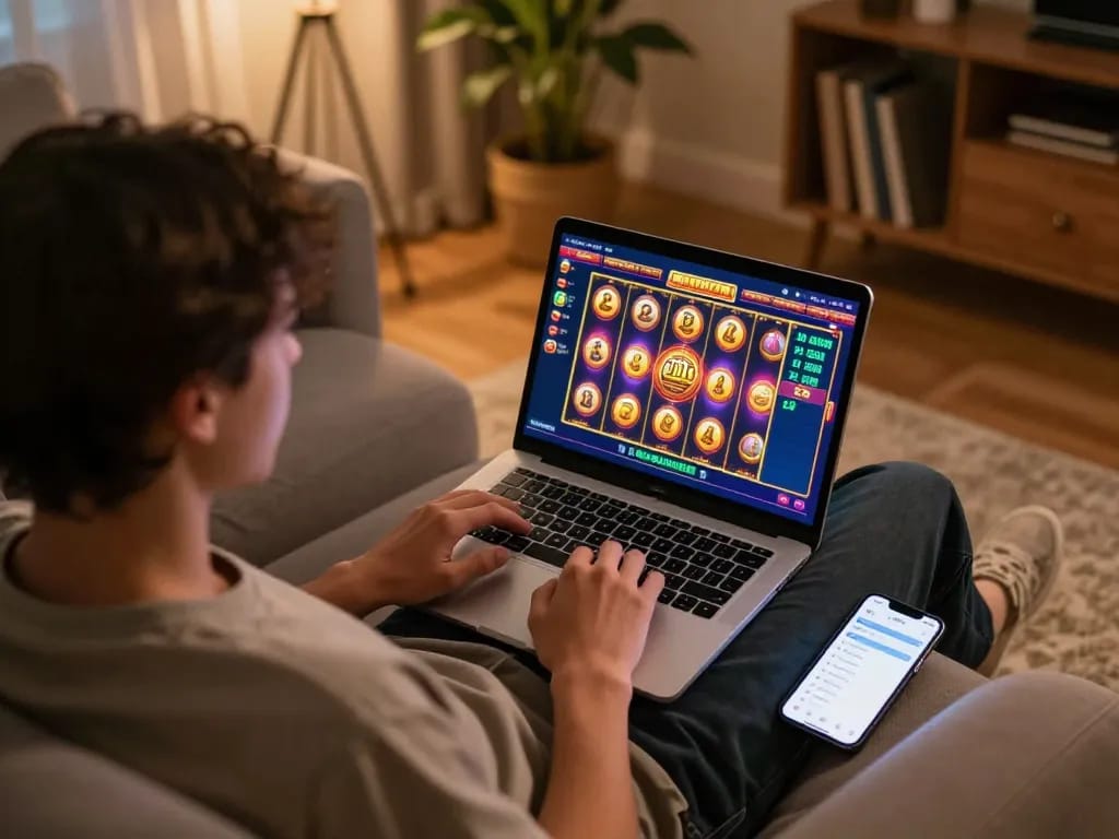 Engaging with slot gacor hari ini on a laptop in a cozy home setting, showcasing responsible betting.