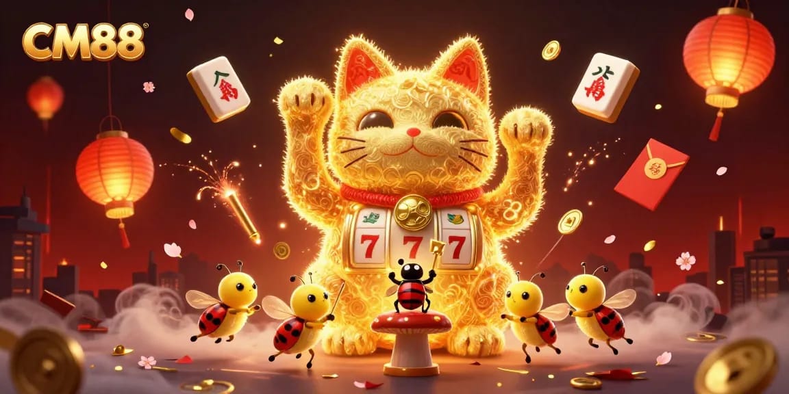 Experience the excitement of CM88 with a vibrant casino-themed illustration showcasing a lucky cat and dynamic elements.