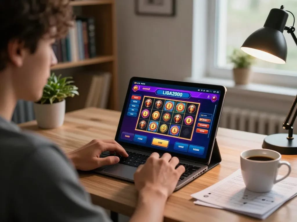 Player exploring LIGA2000 online gambling app on tablet with engaging interface and strategy notes in cozy setting.
