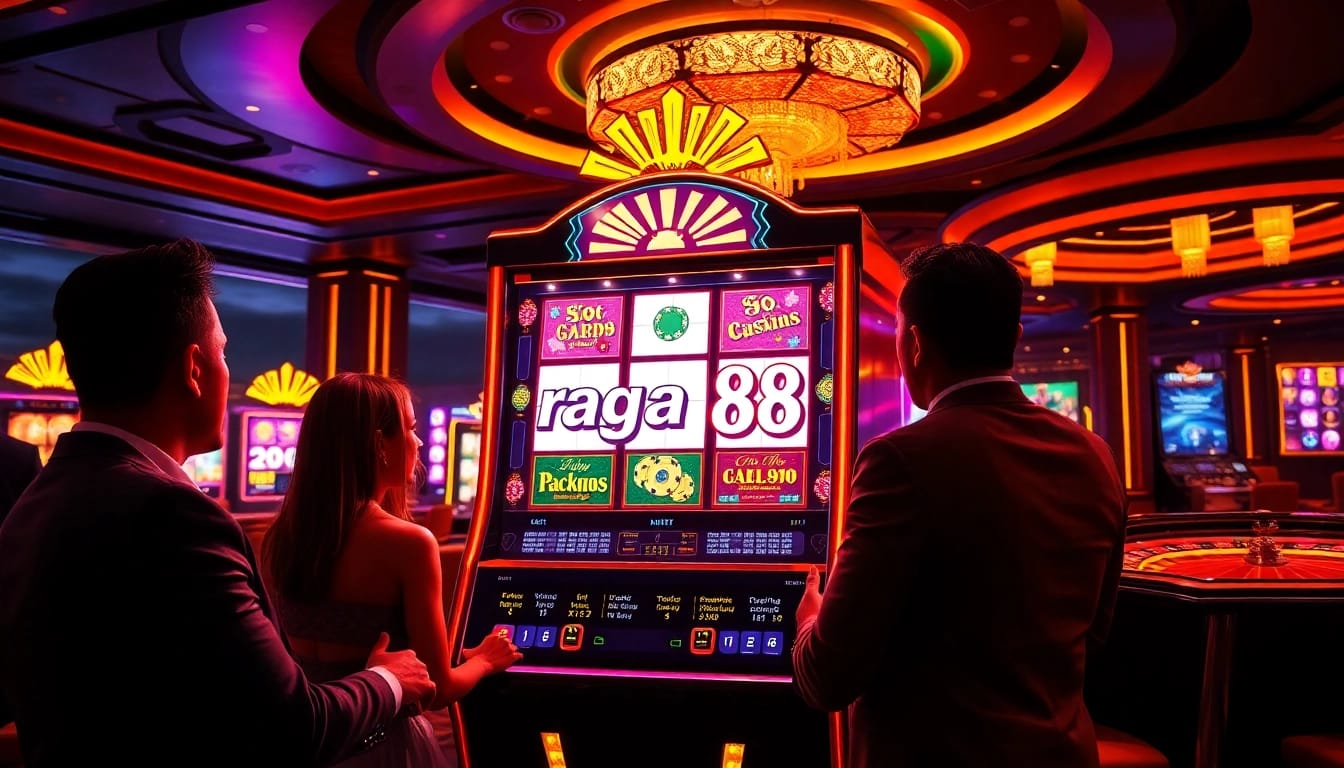Players engaging with the slot api raja 88 machine in a vibrant casino environment, showcasing excitement and luxury.