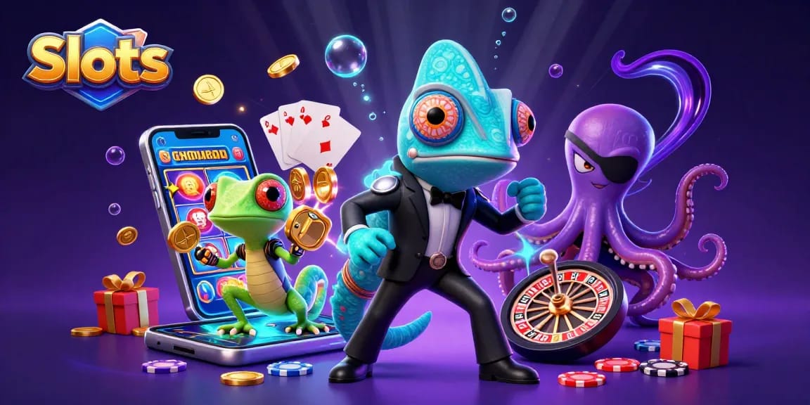 Spin Slots with animated characters and vibrant casino elements in a dynamic, engaging scene.