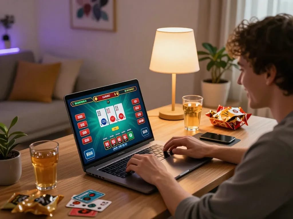 nk88 win experience with engaging online gameplay on a laptop in a cozy home setting