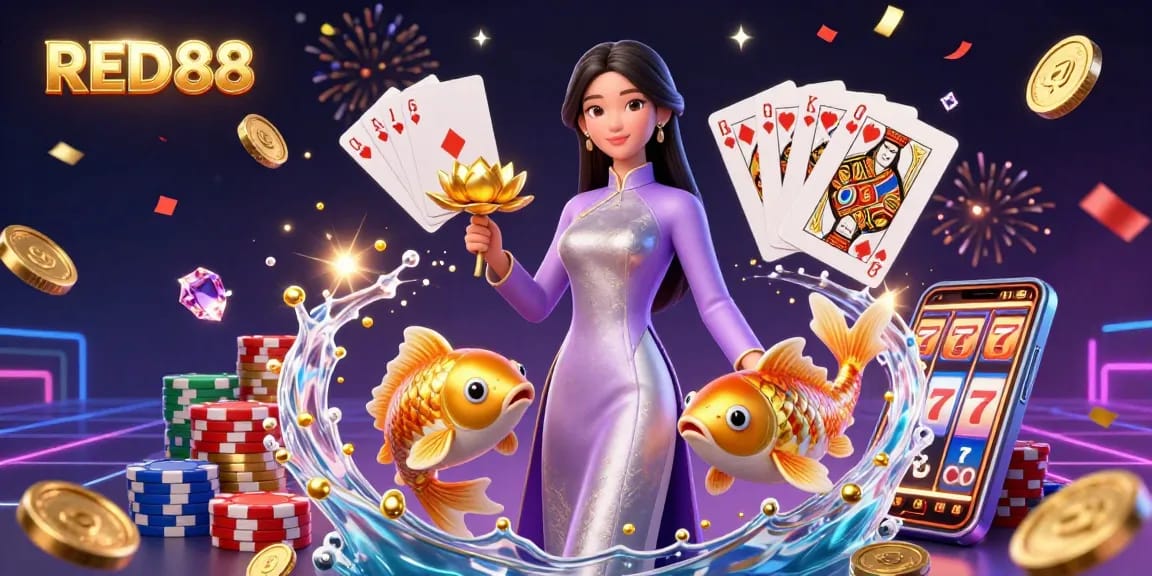 Experience the excitement of RED88 in a vibrant 3D casino scene celebrating wins and good fortune.