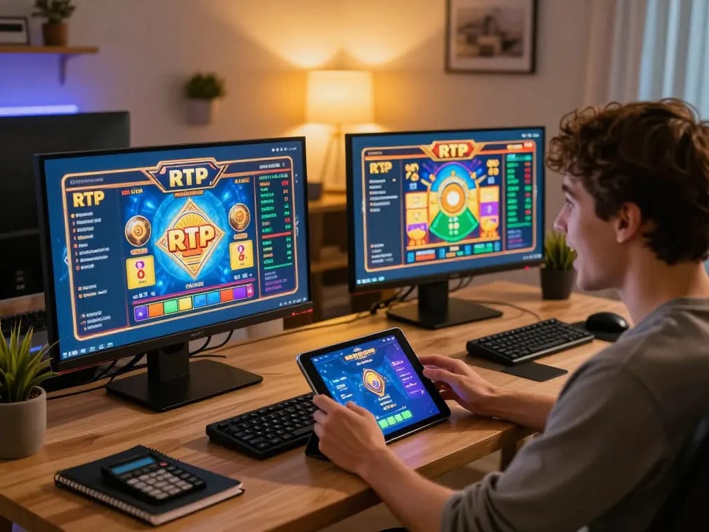 Playing gacor slots on multiple screens in a cozy home gaming area with rich colors and strategic elements.