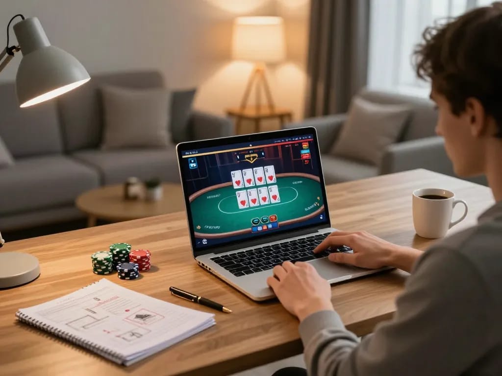 mm88 player enjoying poker online at home with strategies laid out