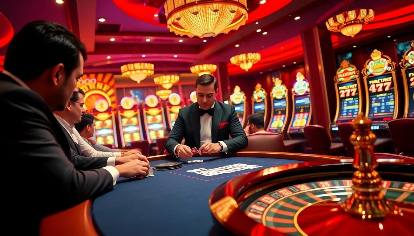 Experience the thrilling atmosphere of Ev88 with a luxurious poker game and vibrant slot machines.