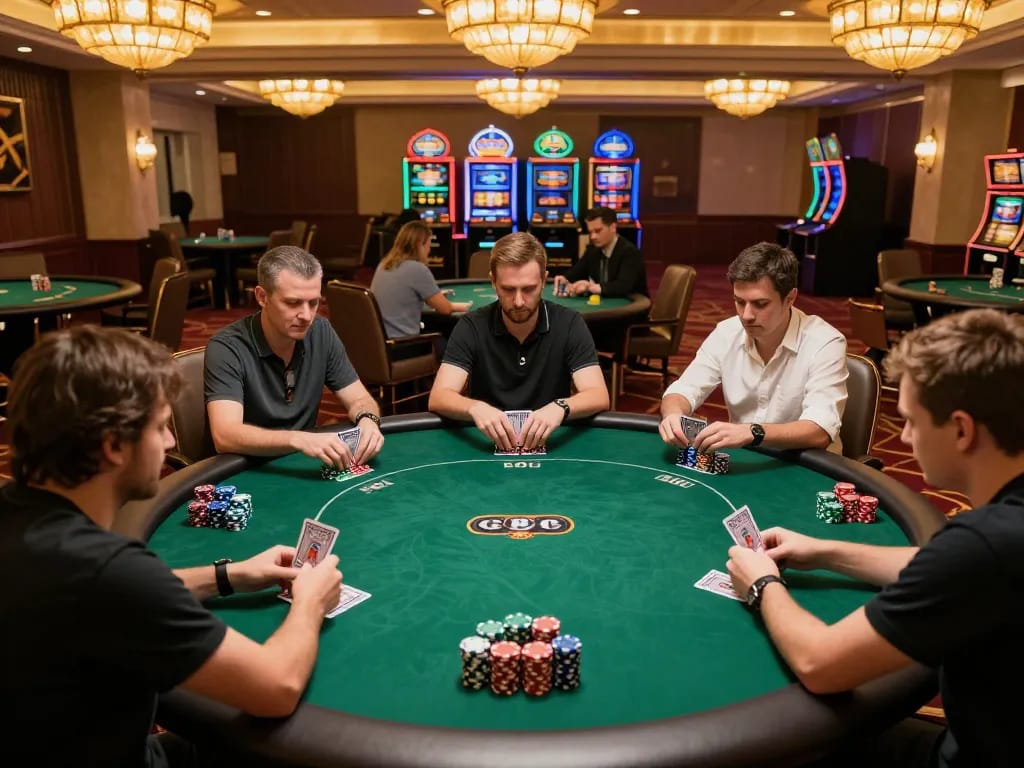 Intense poker action at the 789win club, showcasing players strategizing in an upscale casino setting